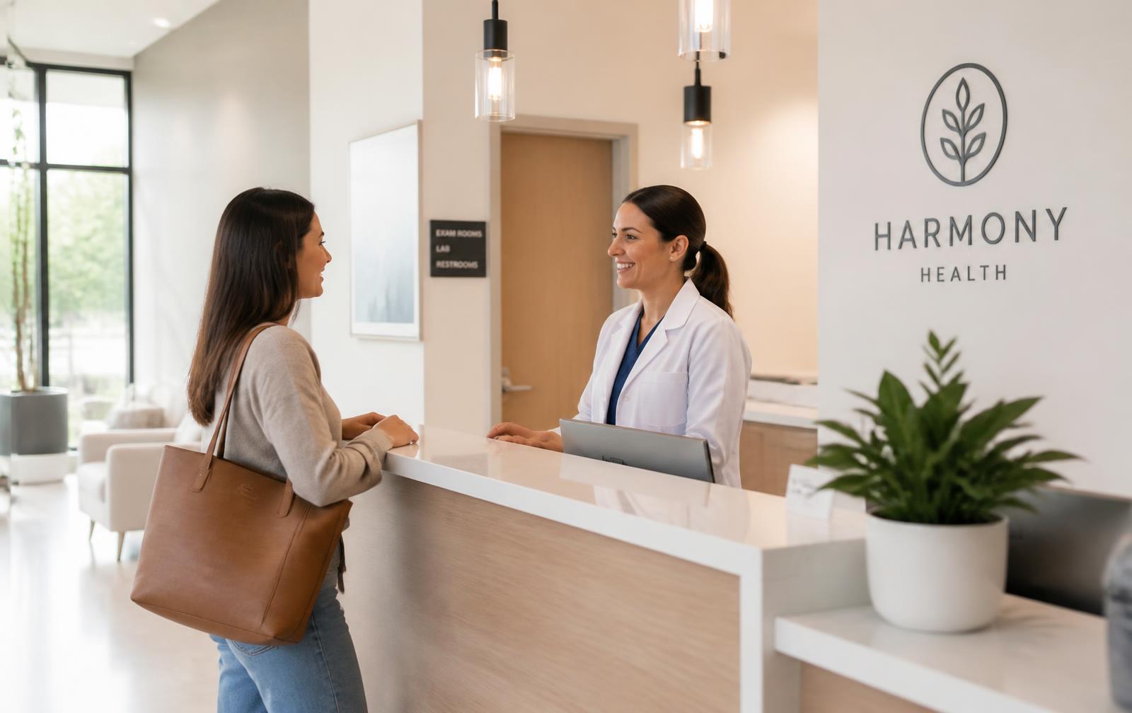 Patient booking an appointment at a modern clinic reception