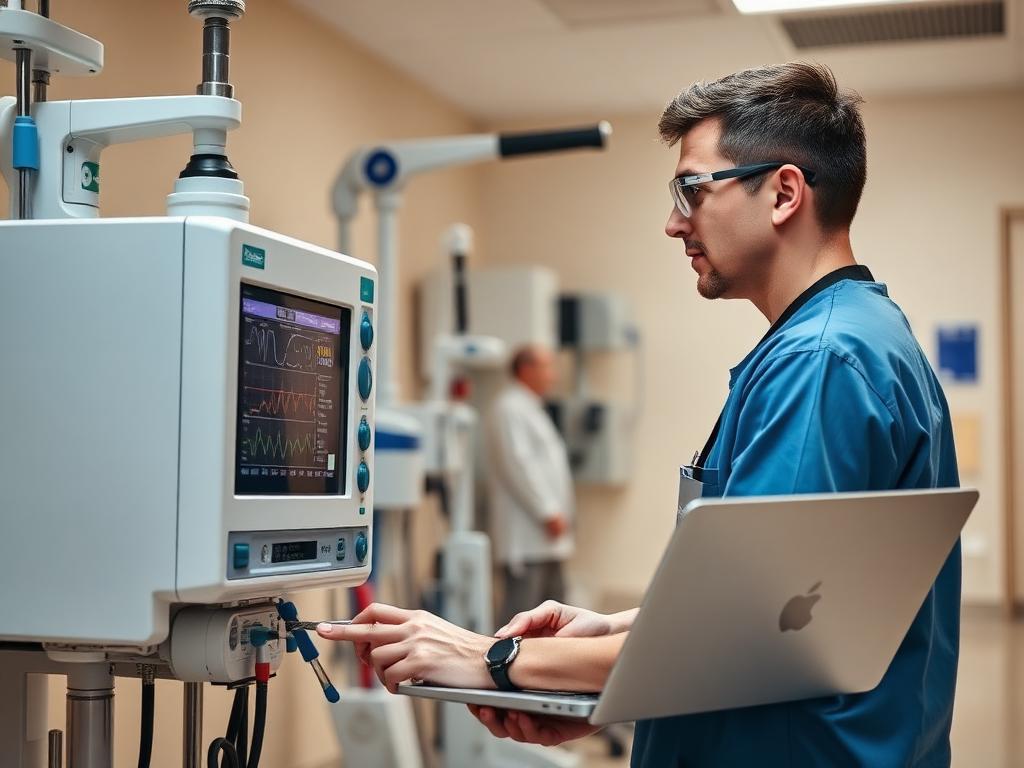 Biomedical engineer servicing medical equipment