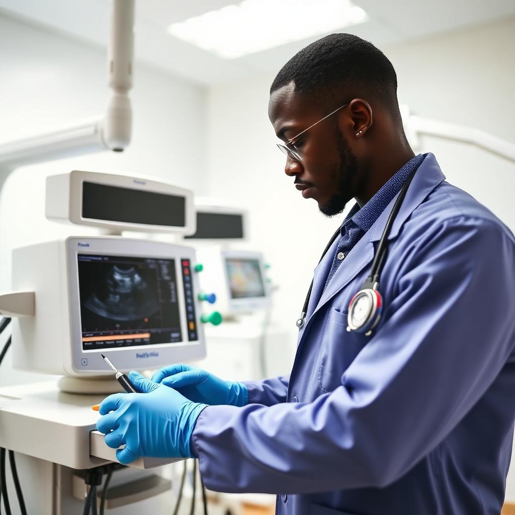 Biomedical engineer servicing modern hospital equipment